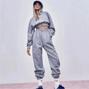 For Love & Lemons Josie Gray Hoody Crop Hoodie Sweatshirt